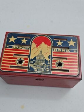 Source Unknown Red, Navy & Gold Vintage-Style Budget Bank Tin
